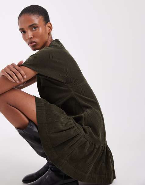 ASOS DESIGN Tall cord t-shirt mini dress with ruched skirt in olive - view 1