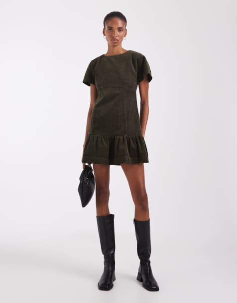ASOS DESIGN Tall cord T-shirt mini jurk met gerimpelde rok in olijfgroen - view 1