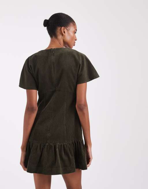 ASOS DESIGN Tall cord T-shirt mini jurk met gerimpelde rok in olijfgroen, 4 van 4