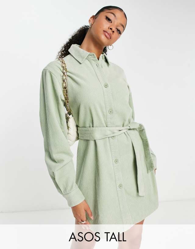 ASOS DESIGN Tall corduroy belted shirt dress in sage