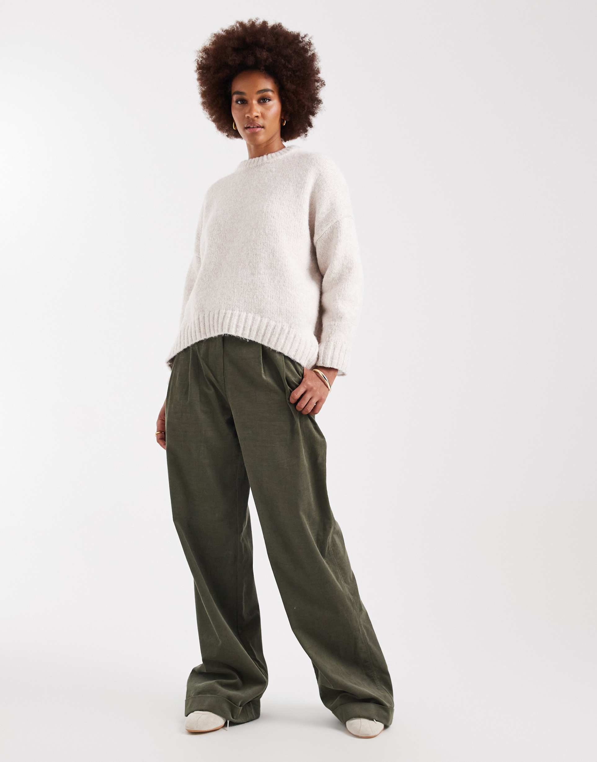 asos design tall corduroy cuffed hem wide leg pants in khaki green