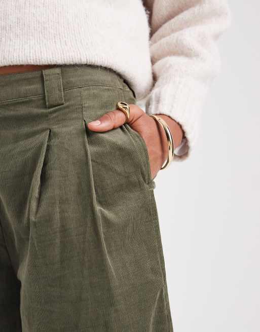 ASOS DESIGN Tall corduroy cuffed hem wide leg pants in khaki green , 5 of 5