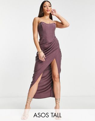 ASOS DESIGN Tall corset bandeau midi dress in washed fabric with drape detail skirt in wine