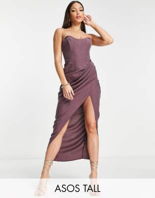 ASOS DESIGN cowl satin corset maxi dress in wine