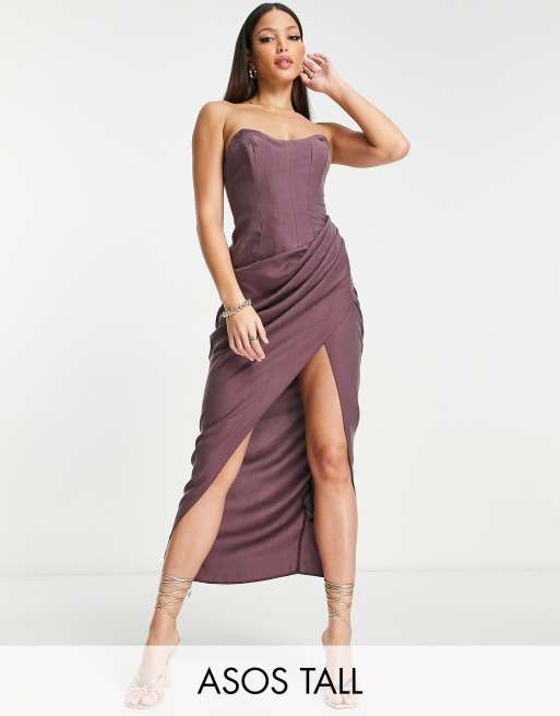 ASOS DESIGN Tall corset bandeau midi dress in washed fabric with drape  detail skirt in wine