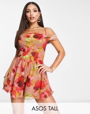 ASOS DESIGN Tall corset detail cowl neck playsuit in blurred floral print-Multi