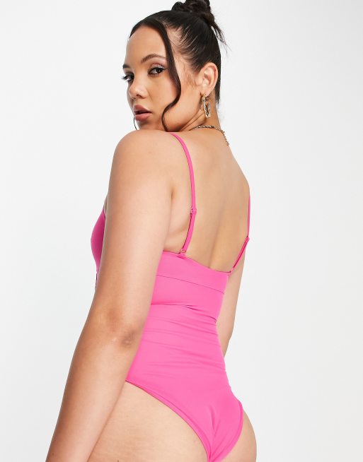 ASOS DESIGN Tall corset detail mesh swimsuit in pink ASOS