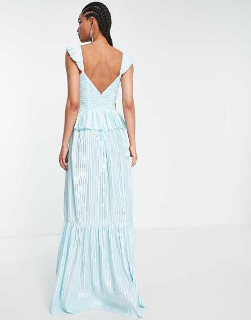 ASOS DESIGN Tall corset detail pleated tiered maxi dress in dusty blue