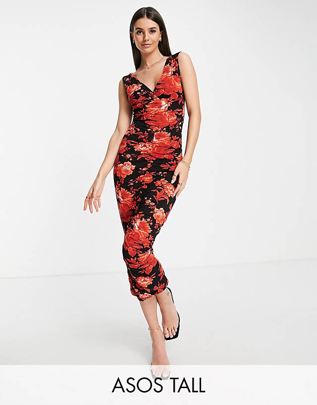 ASOS DESIGN Tall corset dropped waist midi dress in red floral print