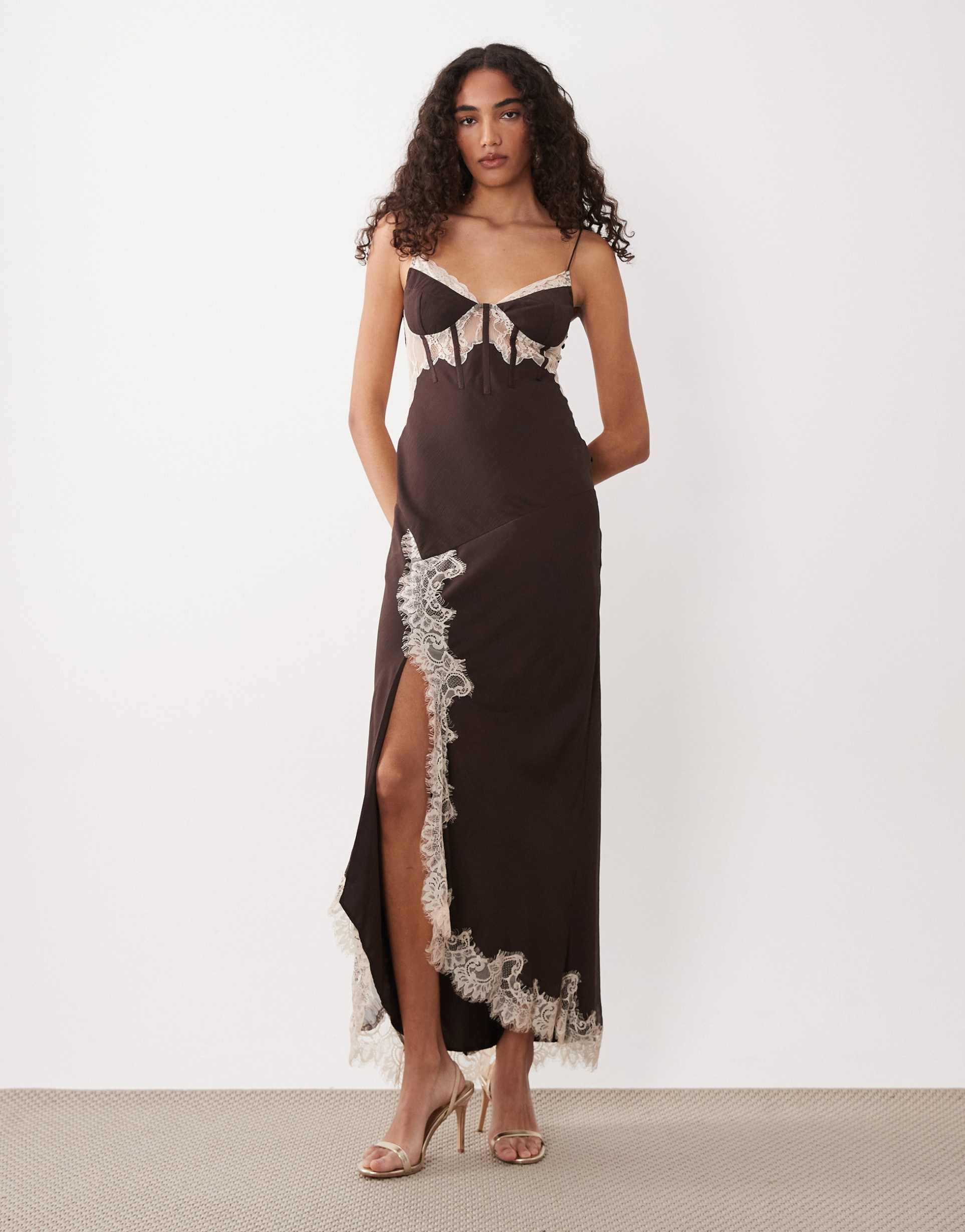 asos design tall corset slip maxi dress with lace and side slit in chocolate