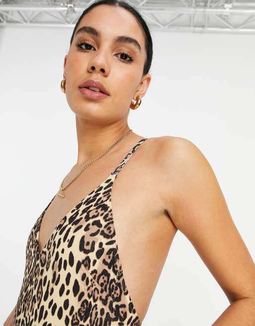ASOS DESIGN Tall - Costume da bagno a coste con gioco di spalline sul retro e stampa leopardata, 3 di 4