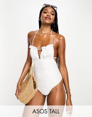 ASOS DESIGN Tall bandeau frill swimsuit in white  - ASOS Price Checker