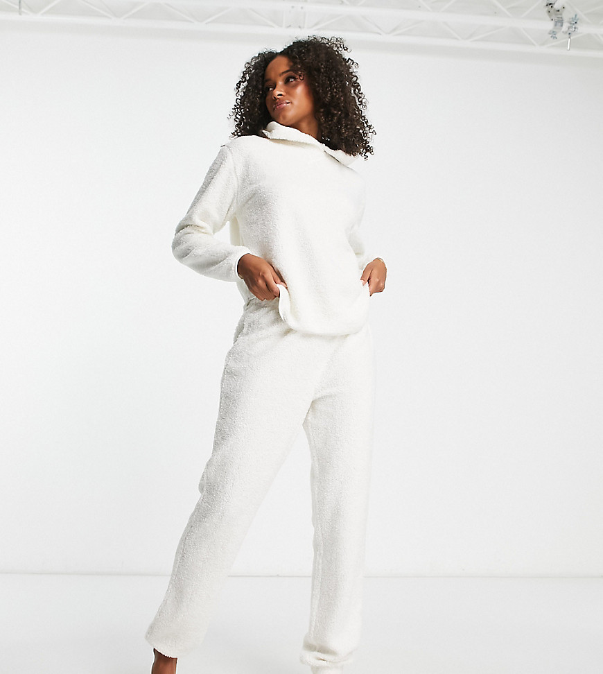 ASOS DESIGN Tall cosy lounge borg hoodie & jogger set in cream-White