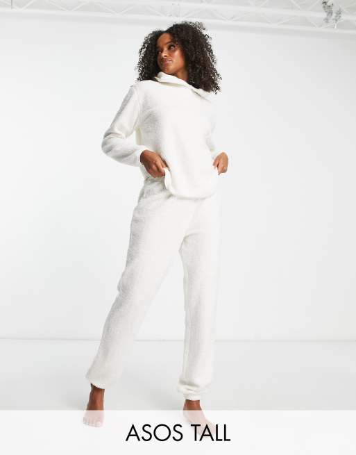 ASOS DESIGN Tall cosy lounge borg hoodie & trackies set in cream