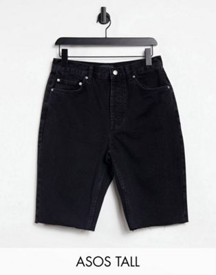 ASOS DESIGN Tall cotton blend denim '90's' longline shorts in washed black - BLACK