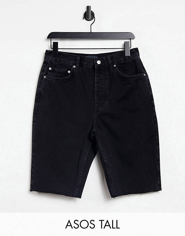 ASOS Tall - ASOS DESIGN Tall cotton blend denim '90's' longline shorts in washed black - BLACK