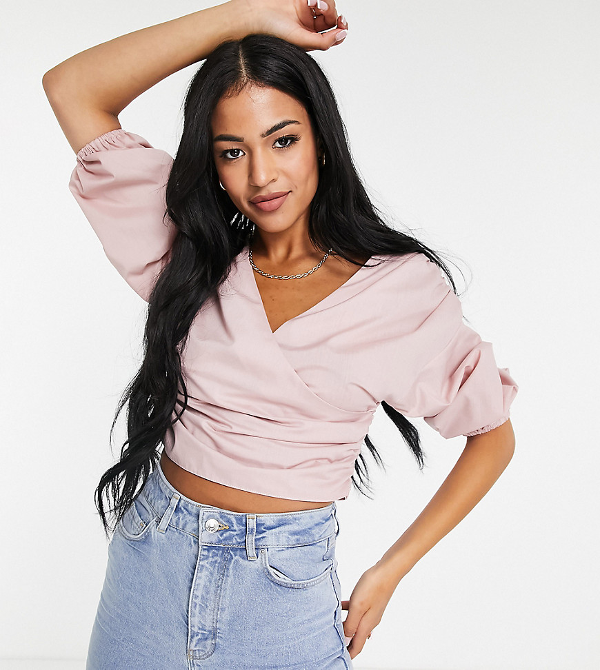ASOS DESIGN Tall cotton fallen shoulder wrap top with volume sleeve in pink