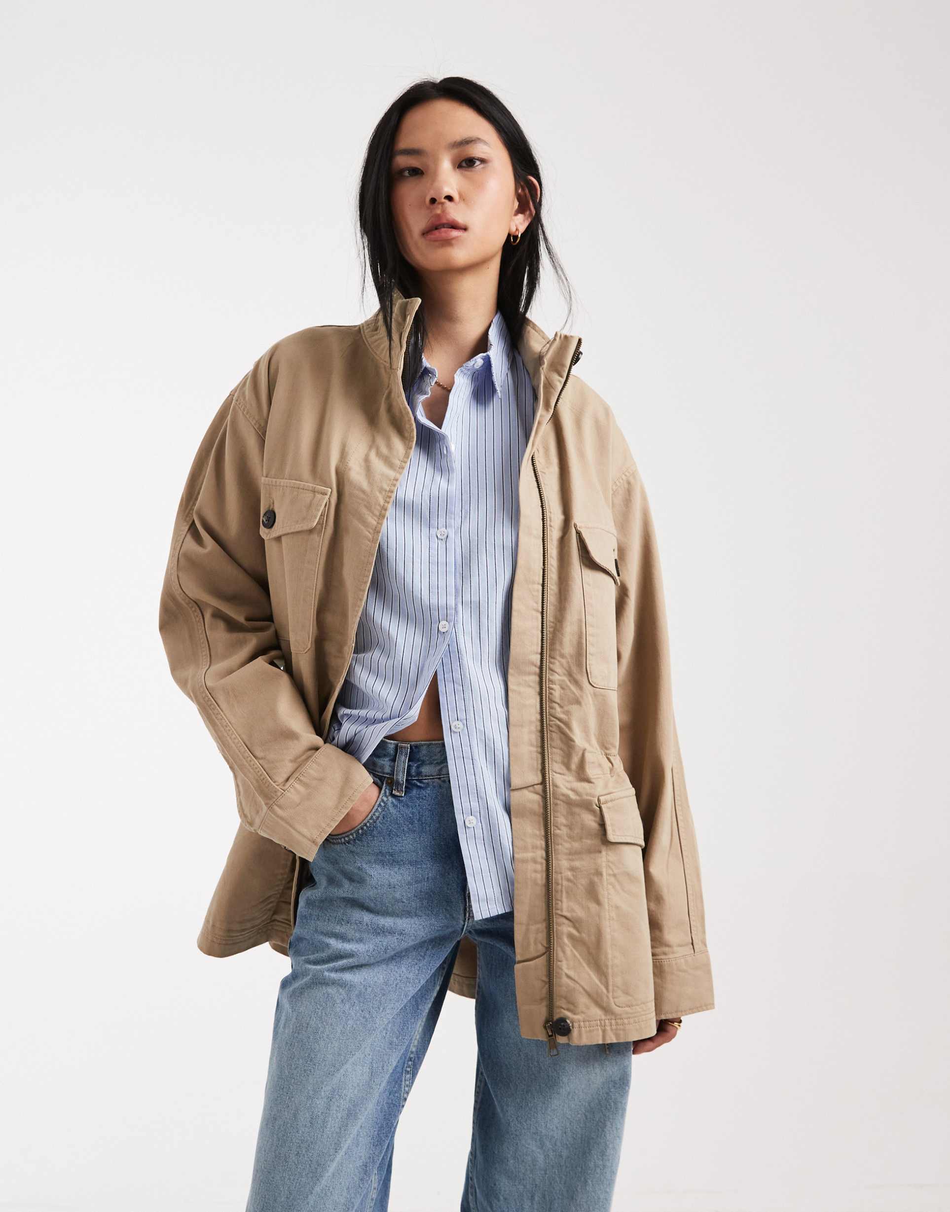 asos design tall cotton four pocket parka jacket in stone