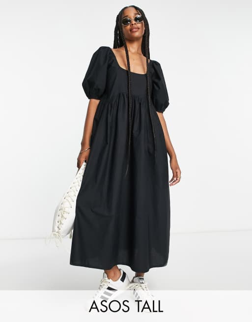 ASOS DESIGN Tall cotton jumbo scallop puff sleeve smock midi dress in black
