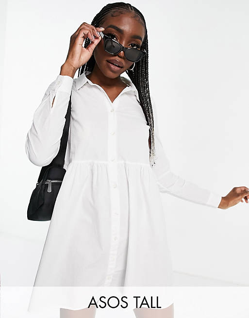 Women Tall cotton mini smock shirt dress in white 