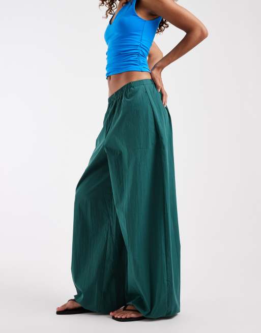 ASOS DESIGN Tall cotton nylon blend pull on balloon trousers in dark green, 2 of 5