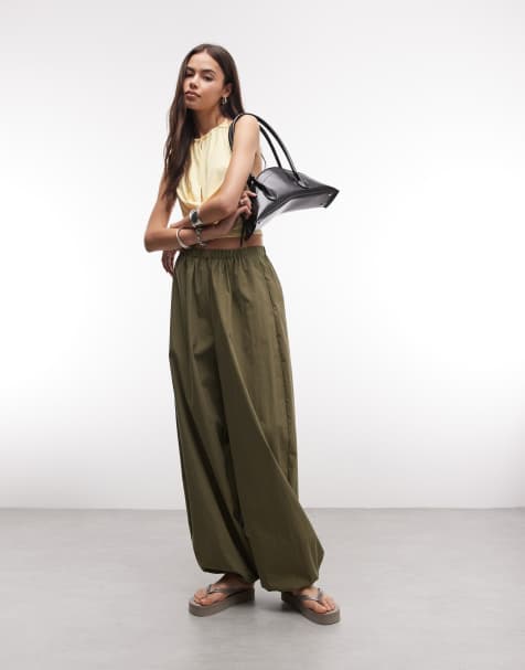 ASOS DESIGN Tall cotton nylon blend pull on balloon trousers in khaki - view 1
