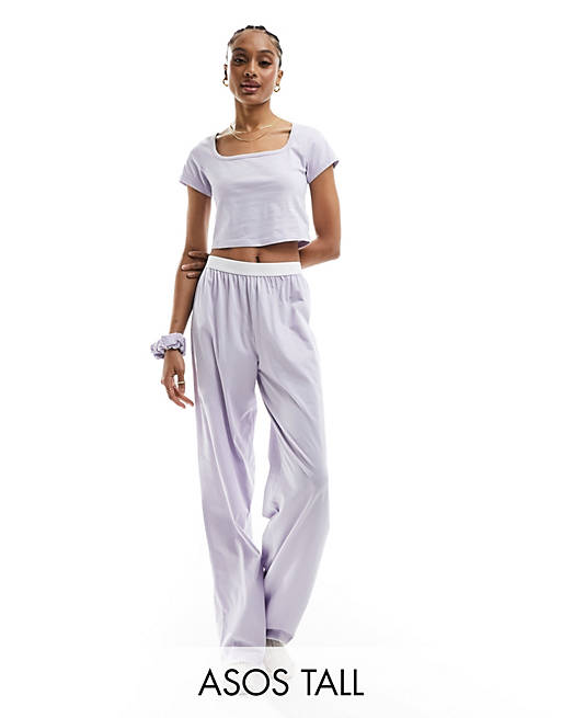 ASOS DESIGN Tall cotton pajama pants with exposed waistband and picot trim  in lilac