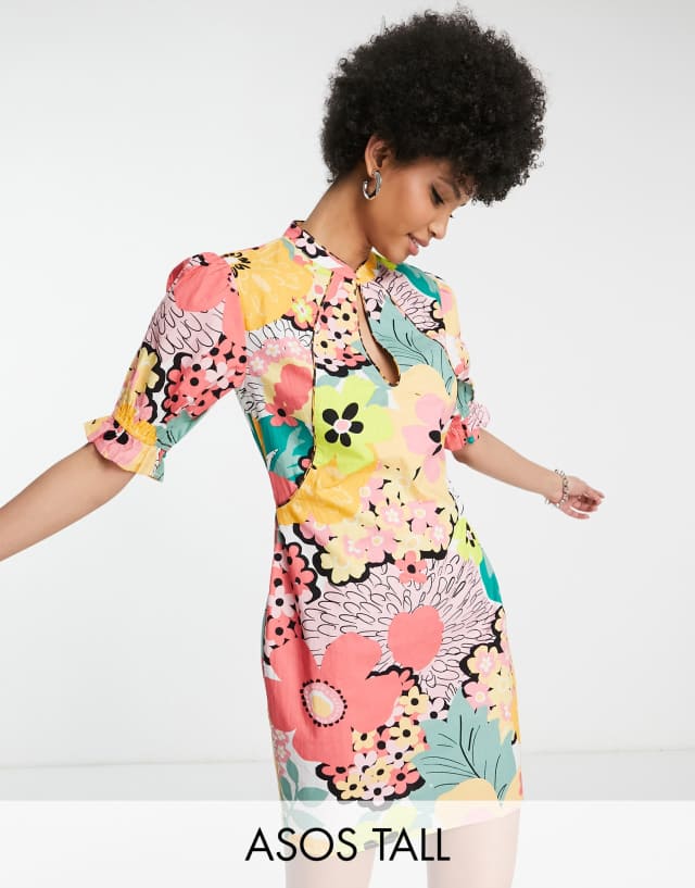 ASOS DESIGN Tall cotton poplin keyhole mini dress in bright floral