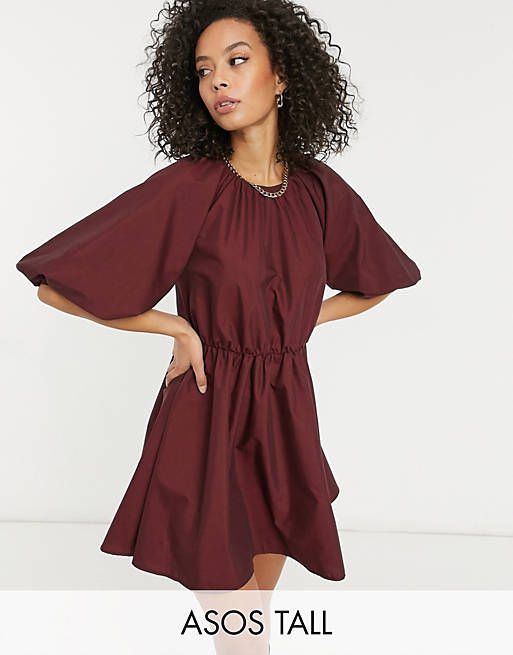 Dresses Tall cotton poplin smock mini dress in oxblood 
