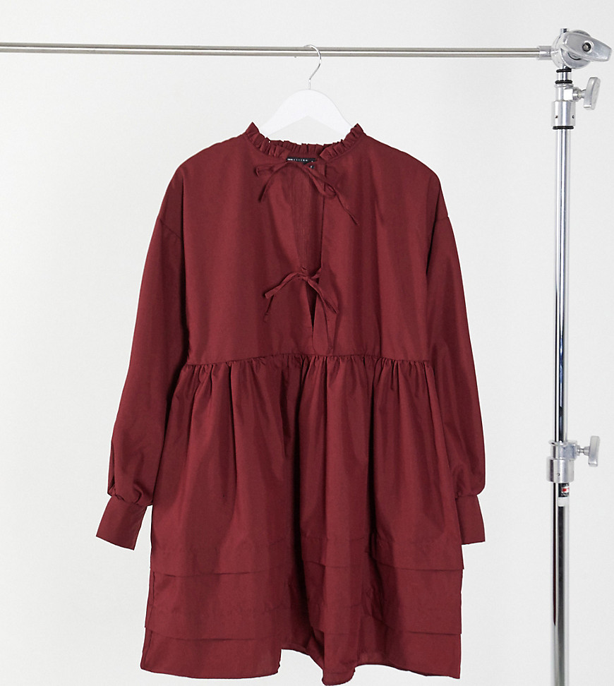 ASOS DESIGN Tall cotton poplin tie front mini smock dress with pin tucks in oxblood-Red