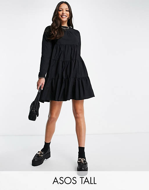 Dresses Tall cotton poplin tiered long sleeve mini smock dress in black 