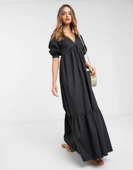ASOS DESIGN Tall cotton poplin v front v back tiered maxi dress in black |  ASOS