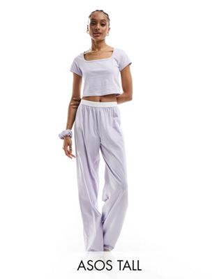 ASOS DESIGN Tall cotton pyjama trouser with exposed waistband and picot trim in lilac