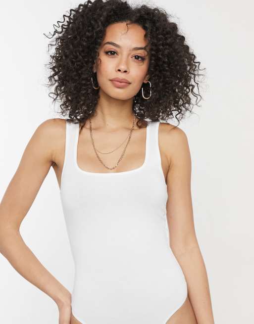 ASOS DESIGN racer tank top bodysuit with contrast binding in white