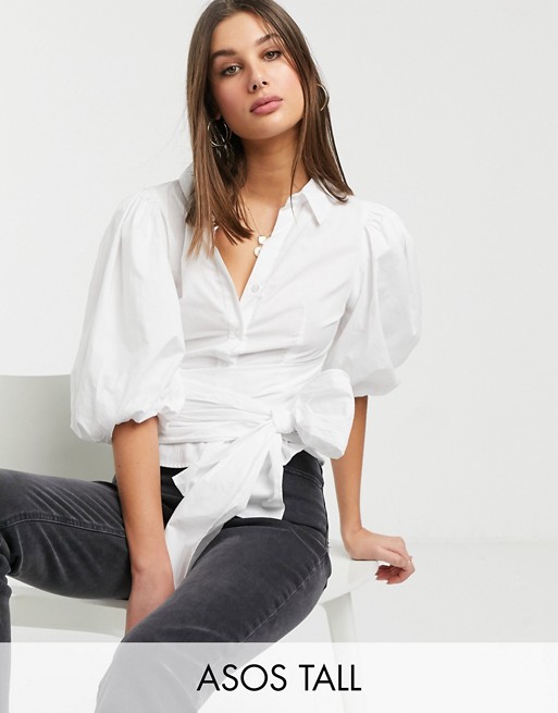 ASOS DESIGN Tall cotton shirt with puff sleeve and wrap around belt in ivory