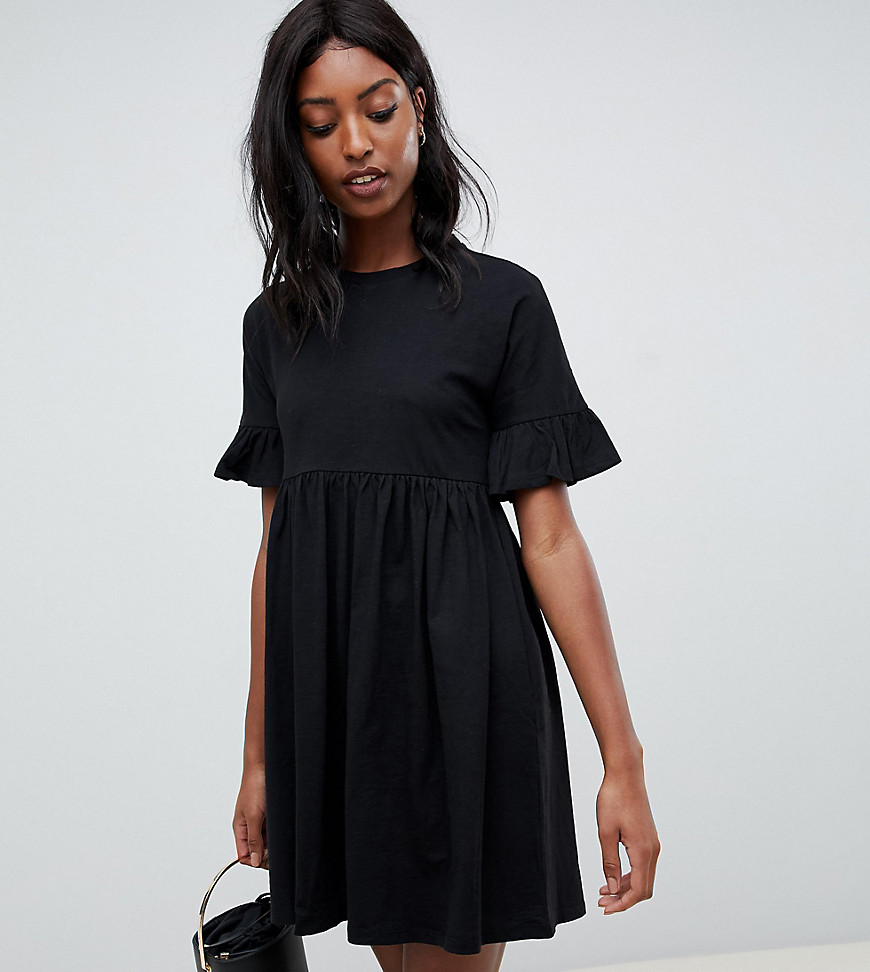 ASOS DESIGN Tall cotton slubby frill sleeve smock dress-Black