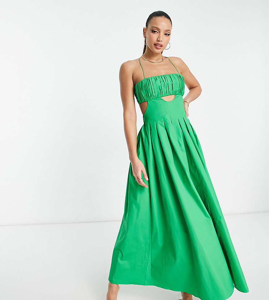 Asos Tall Asos Design Tall Cotton Structured Midi Dress With Ruched Bust And Pleat Skirt In Green