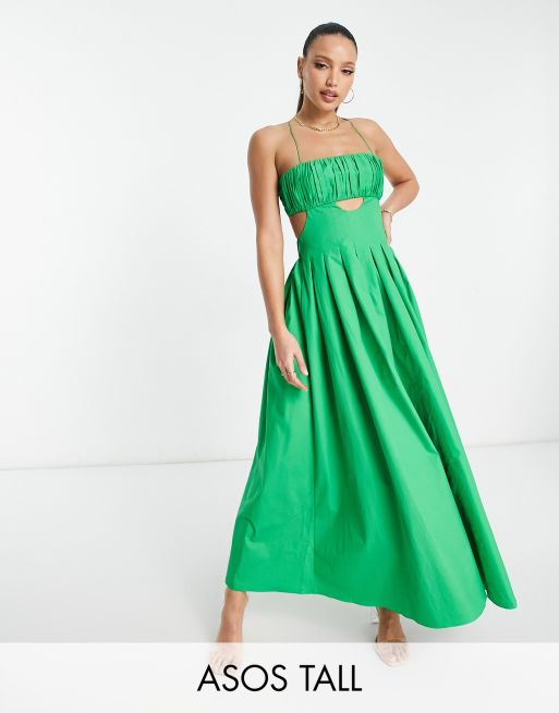 ASOS DESIGN Tall cotton structured midi dress with ruched bust and pleat skirt in green