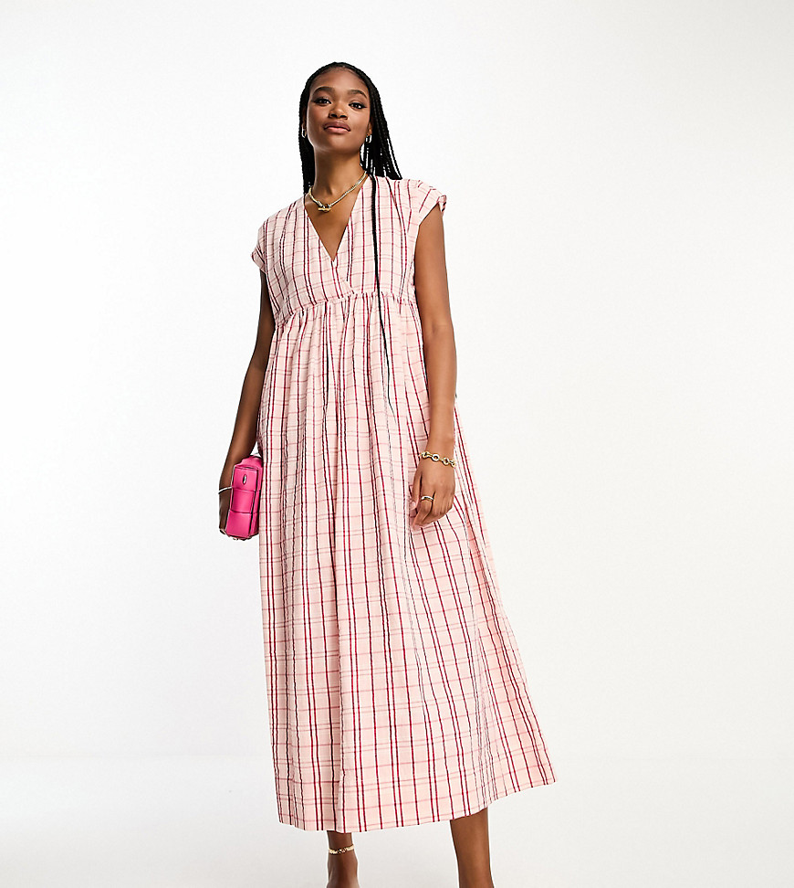 ASOS DESIGN Tall cotton v neck midi smock dress in pink check-Multi