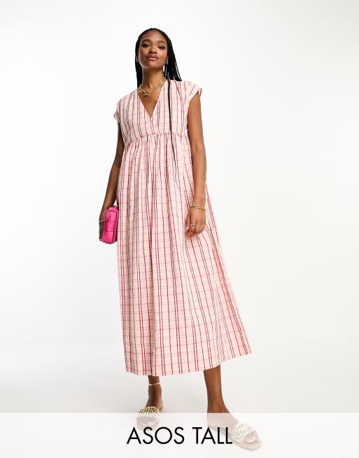 ASOS DESIGN Tall cotton v neck midi smock dress in pink check ASOS