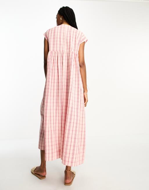 ASOS DESIGN Tall cotton v neck midi smock dress in pink check ASOS