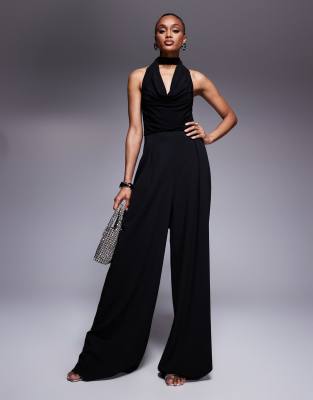 ASOS DESIGN Tall cowl fabric mix wide leg jumpsuit with tie neck in black