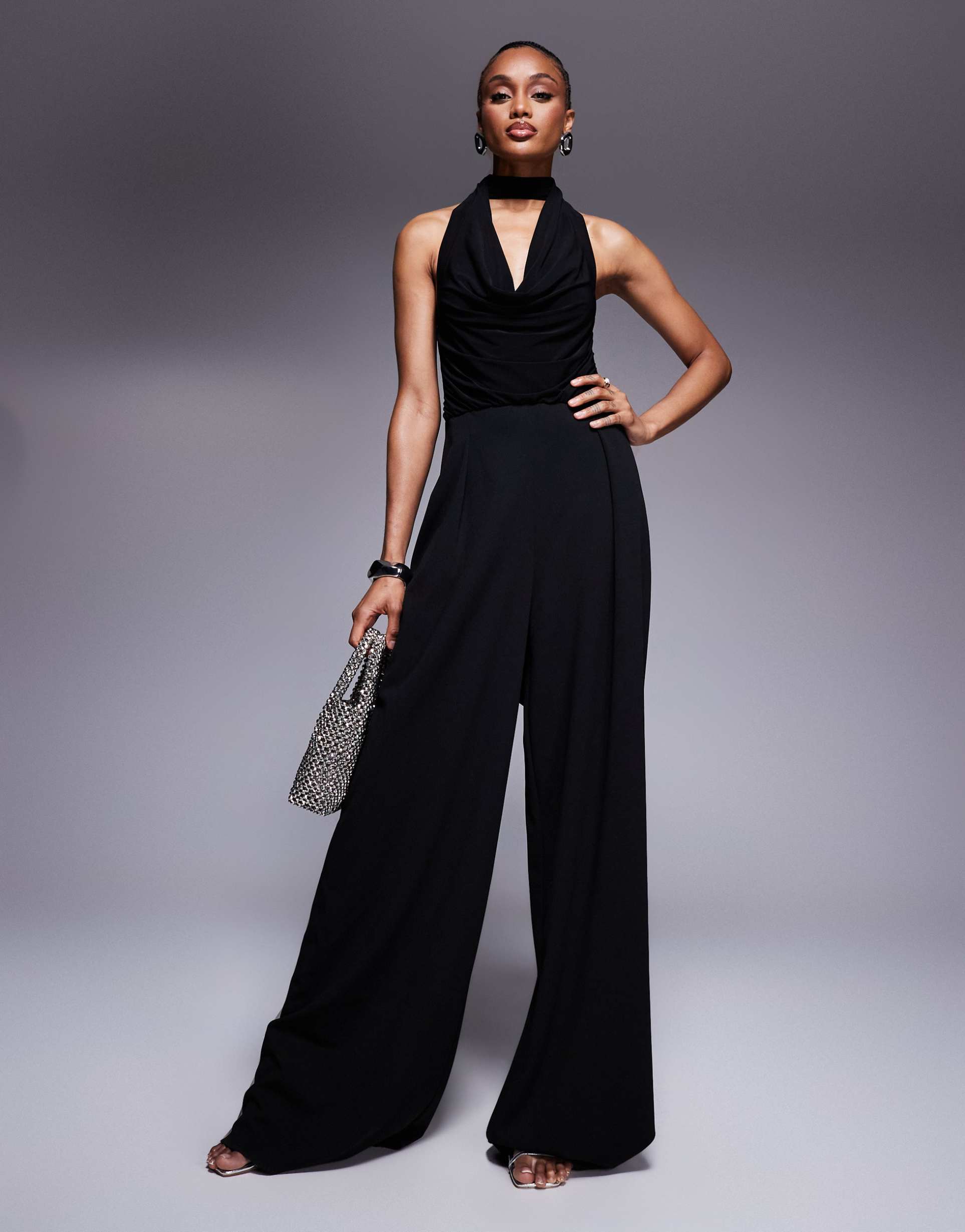 asos design tall cowl fabric mix wide leg jumpsuit with tie neck in black