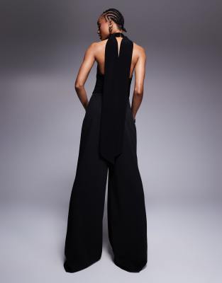 Asos Tall Asos Design Tall Cowl Fabric Mix Wide Leg Jumpsuit With Tie Neck In Black