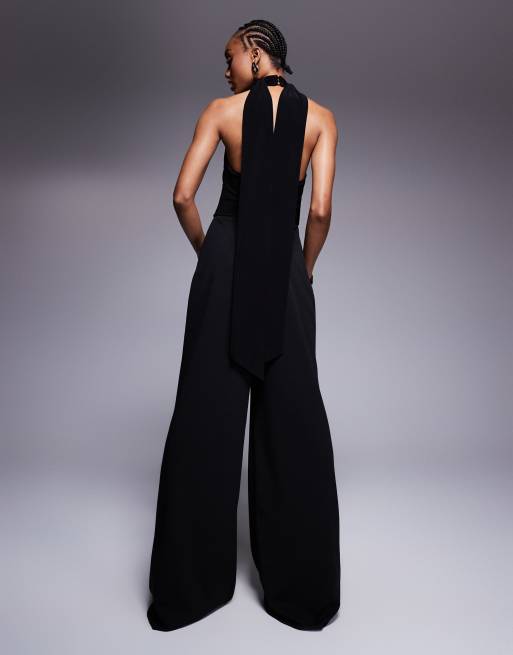 ASOS DESIGN Tall cowl fabric mix wide leg jumpsuit with tie neck in black
