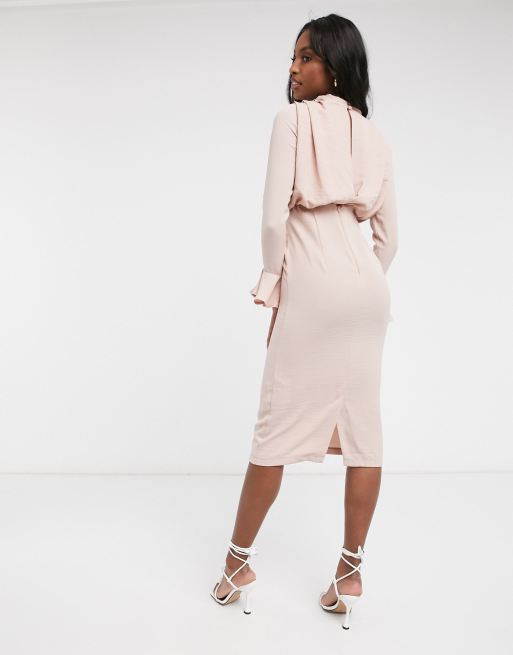 ASOS DESIGN Tall cowl neck fluted sleeve midi dress in rose, 2 of 4