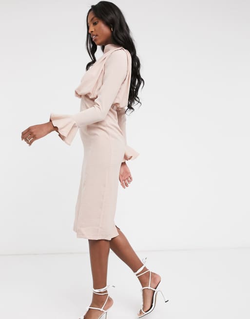 ASOS DESIGN Tall cowl neck fluted sleeve midi dress in rose, 4 of 4