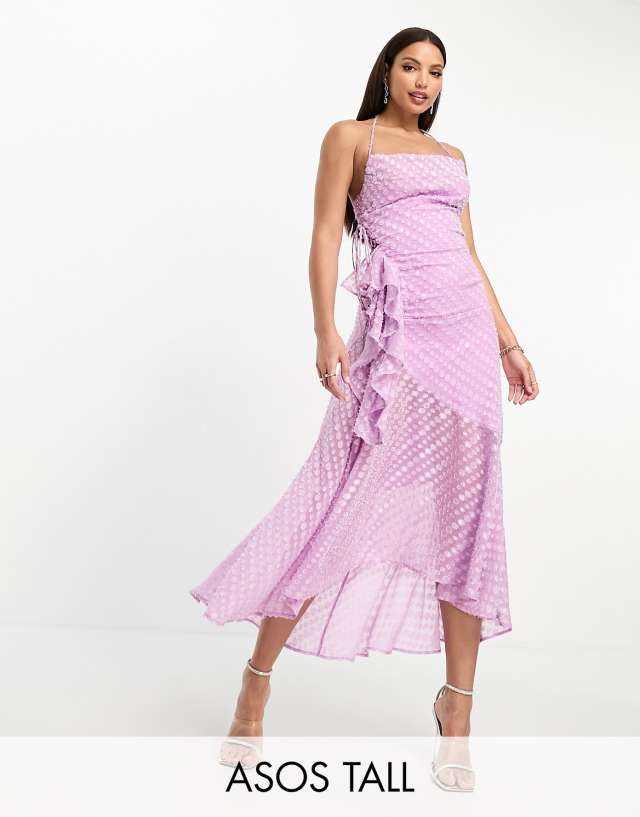 ASOS Tall - ASOS DESIGN Tall cowl neck frill detail hi low hem midi slip dress with tie side in lilac dobby