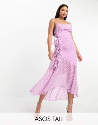 ASOS DESIGN Tall cowl neck frill detail hi low hem midi slip dress with tie side in textured lilac-Purple