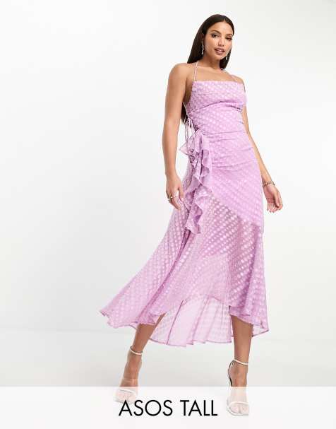 ASOS DESIGN Tall cowl neck frill detail hi low hem midi slip dress with tie side in textured lilac - view 1